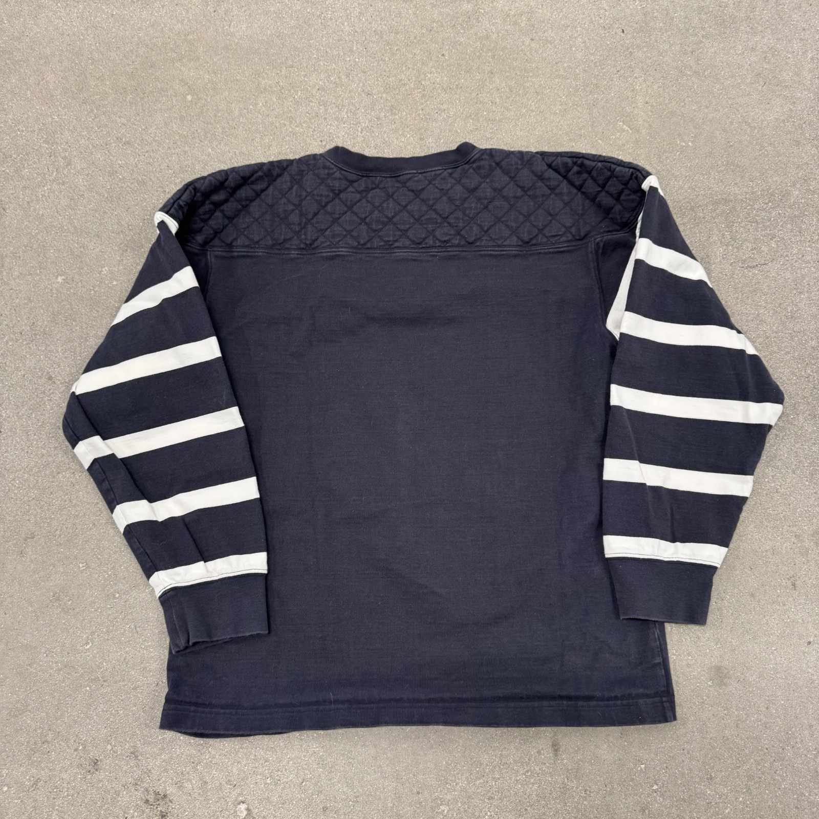 J. Peterman Shirt Men Medium Blue Striped Long Sleeve Quilted Elbow Patch Casual gallery