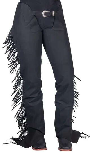 Western Equitation Show Chaps – Black Synthetic Suede -Elastic Fit – XS,S,M,L,XL