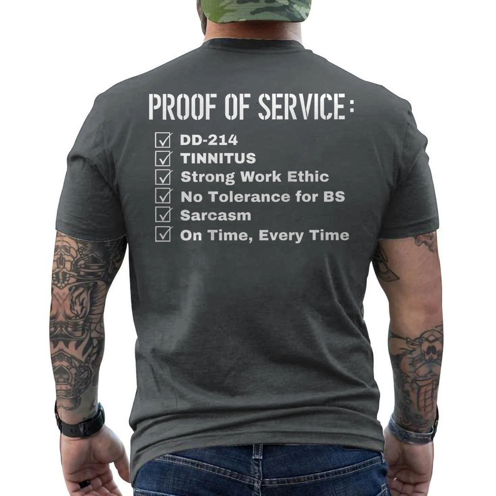 Proof Of Service DD-214 Tinnitus Strong Work Ethic Sarcasm ON BACK T-Shirt gallery