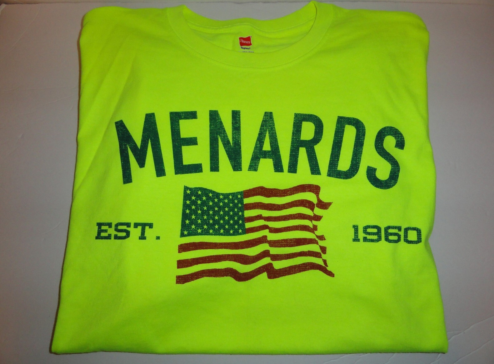 (LOT OF 3) 2XL/2 XLARGE HI-VIS SAFETY NEON YELLOW Menards USA FLAG Work T-Shirt gallery
