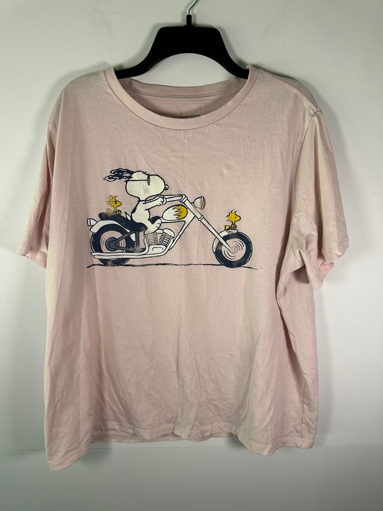 PeanutsShirt Mens L Snoopy Motorcycle Woodstock Pink Short Sleeve Graphic Tee