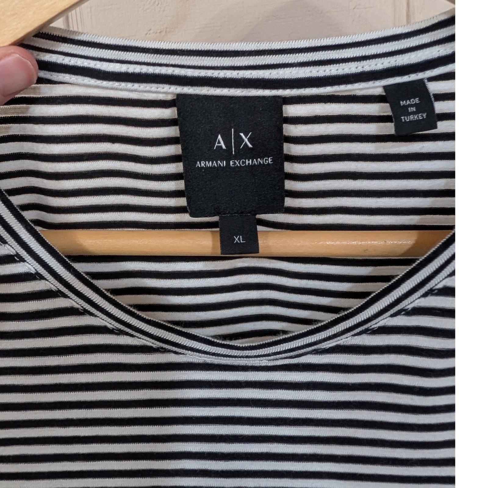 Armani Exchange Mens XL Striped Logo T-Shirt Black White Red AX Short Sleeve Tee gallery