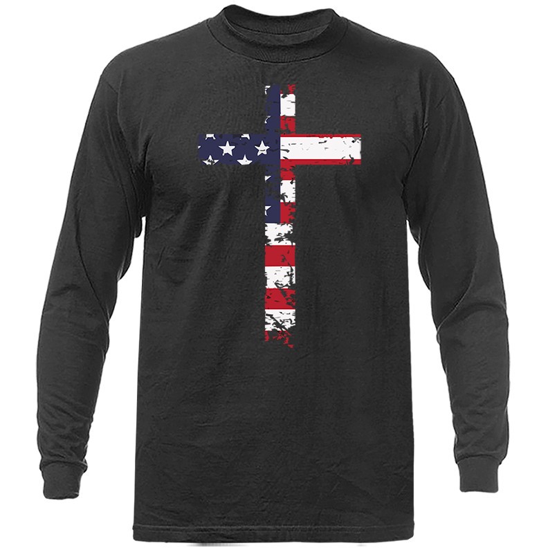 USA Flag Cross Christian Religious Long Sleeve T-Shirt