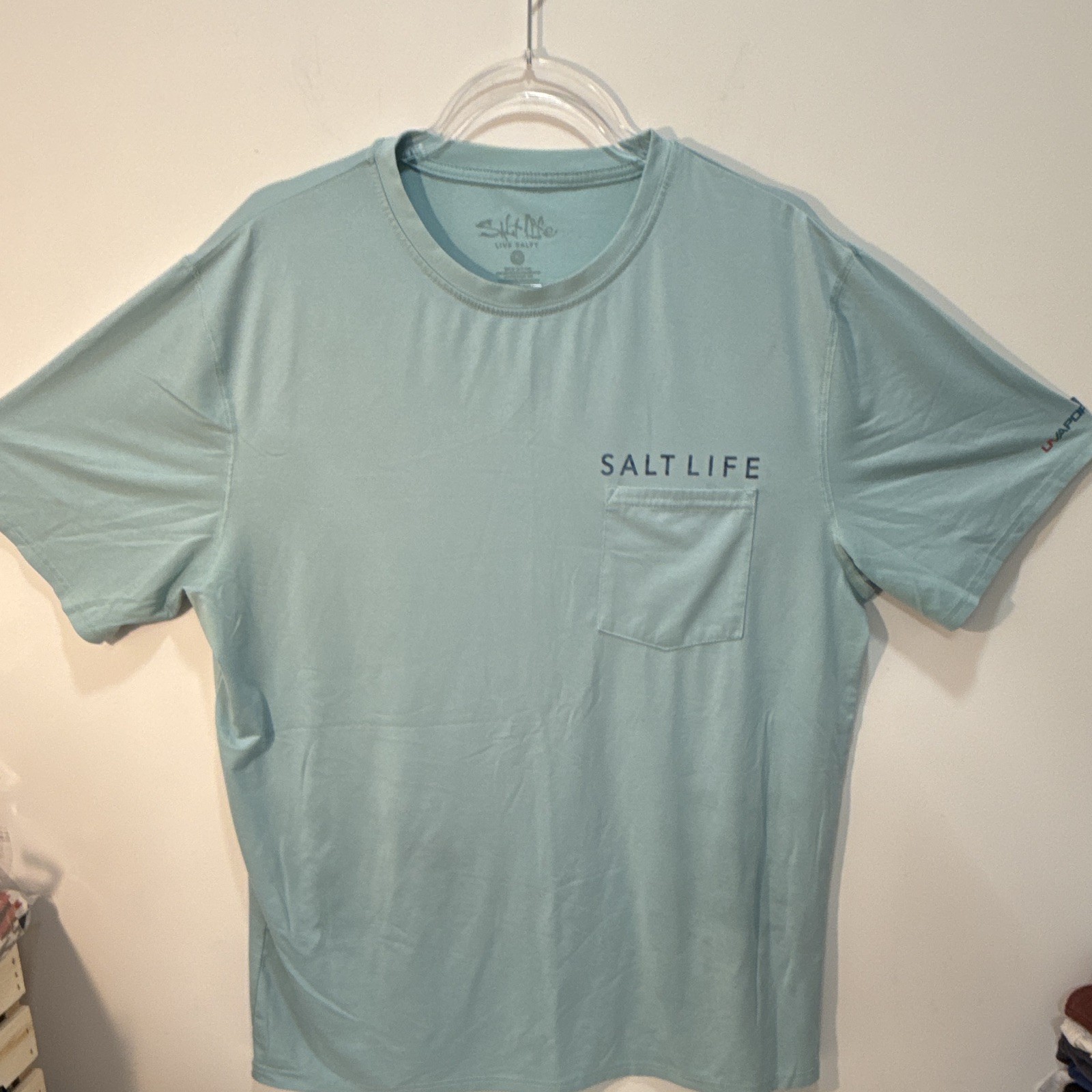 Salt Life Vapor Men’s Blue Graphic Logo Pocket Polyester Knit Tee Crew XL gallery