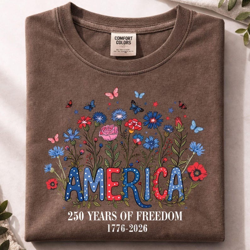 Comfort Colors Floral 250th Anniversary Shirt, Wildflower Independence Day Tee gallery