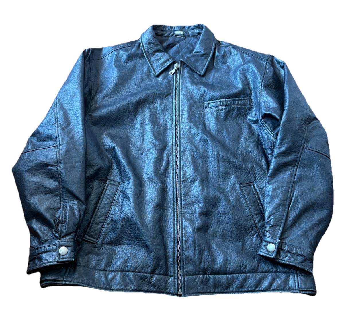 Vintage 80s Leather Jacket Mens Black Genuine Size XL YBS Zipper Rare gallery