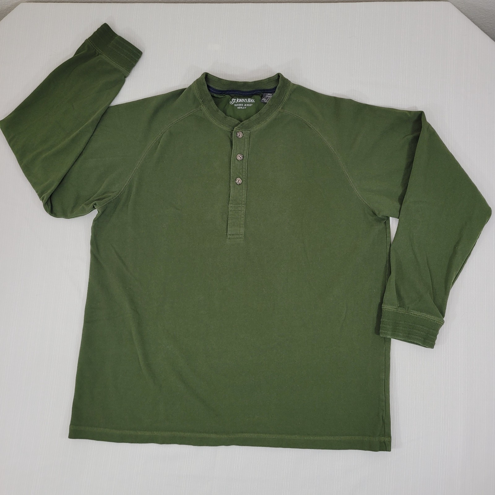 St Johns Bay Mens SZ L 46″ LS Henley Sueded Jersey Forest Green Ribbed Cuffs