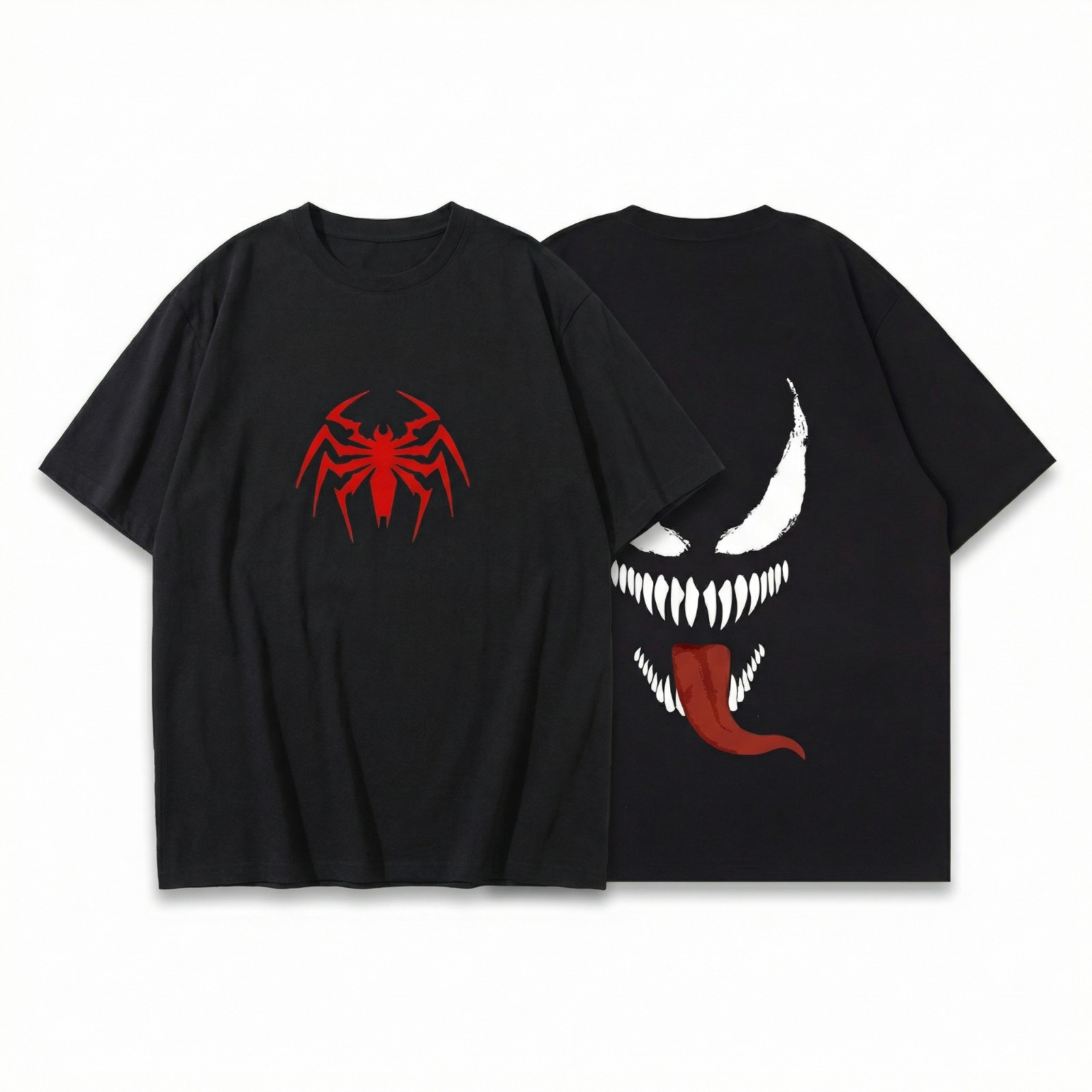 Oversized Black Graphic Tee Red Spider Print Streetwear Unisex Drop Shoulder