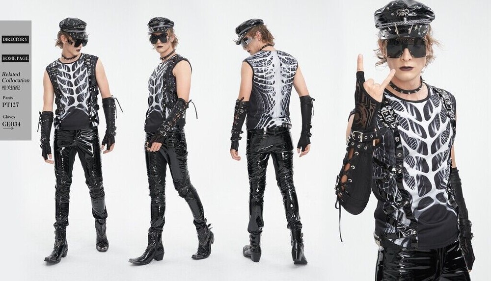 Devil Fashion Men Black Gothic Punk Streetwear Skeleton Print Vest Slim Fit Top