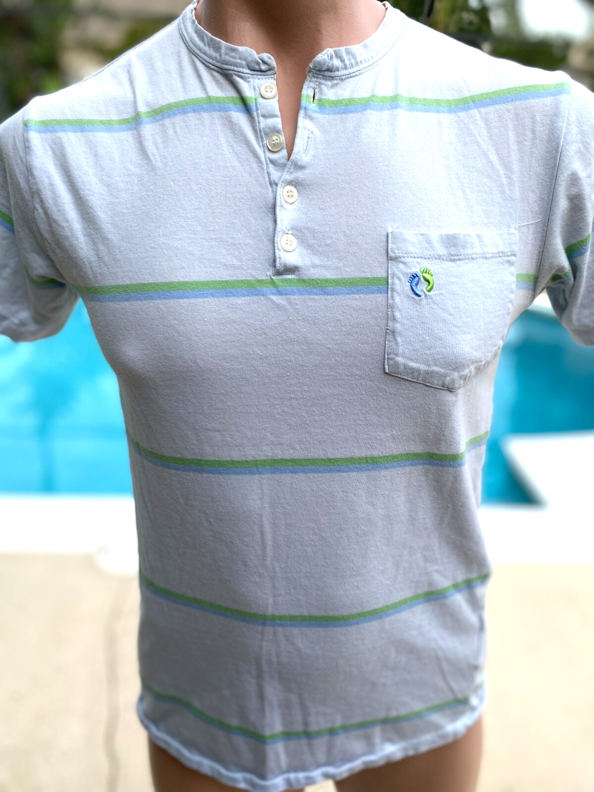 Hang Ten Gold Henley Feet Logo Pocket Striped short sleeve T Shirt Mens XS/S gallery