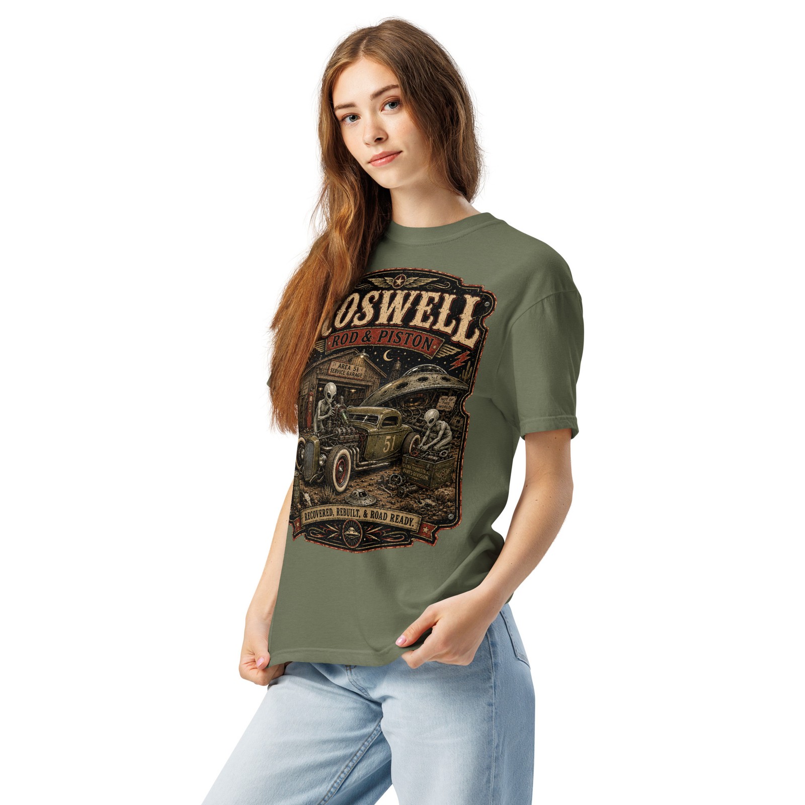 Roswell Rod & Piston Alien Garage T-Shirt Hot Rod Flying Saucer UFO Tee S-4XL gallery