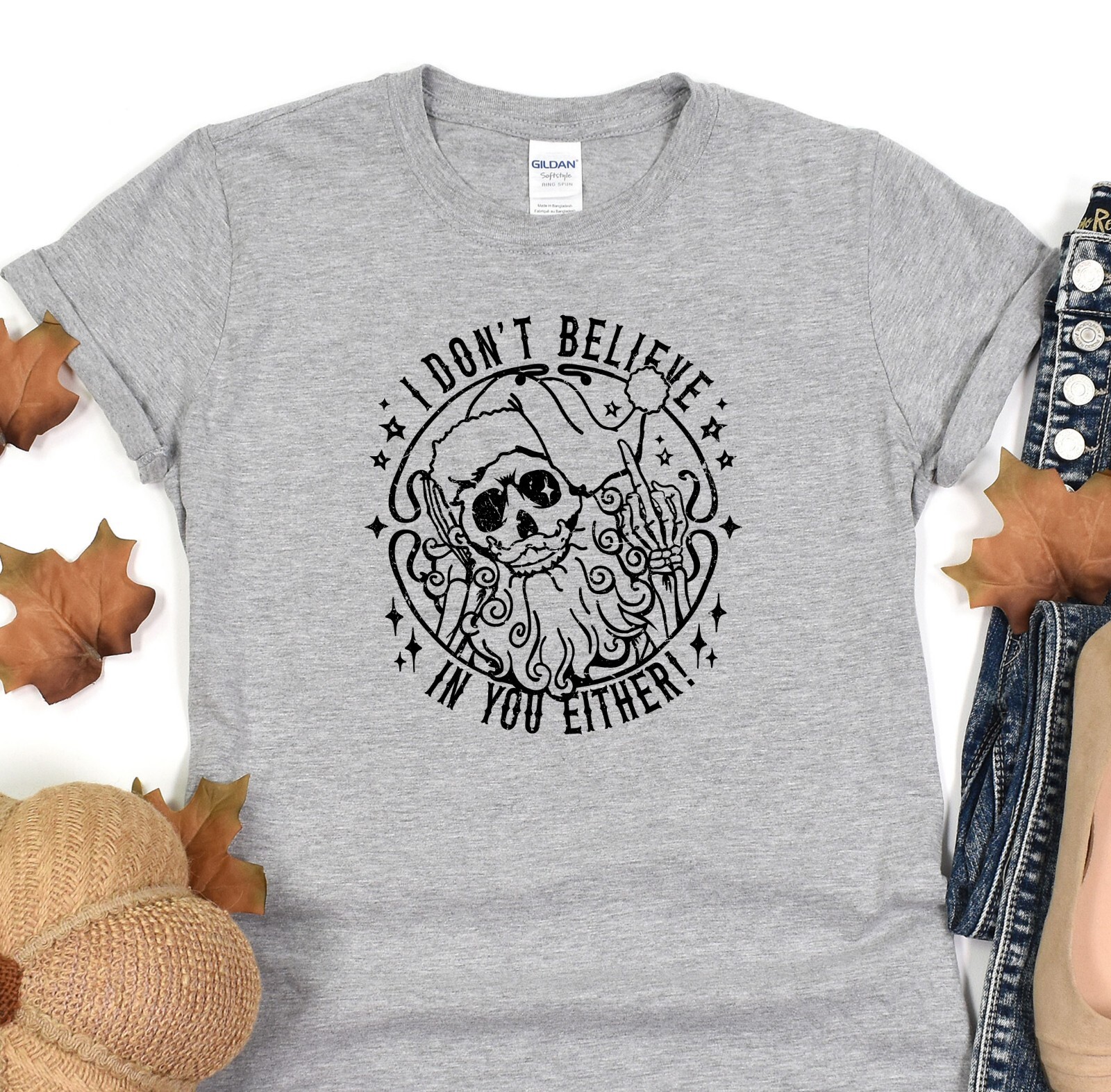 I Don't Believe In You Either T-Shirt, Christmas Shirt, Skeleton Santa Tee gallery