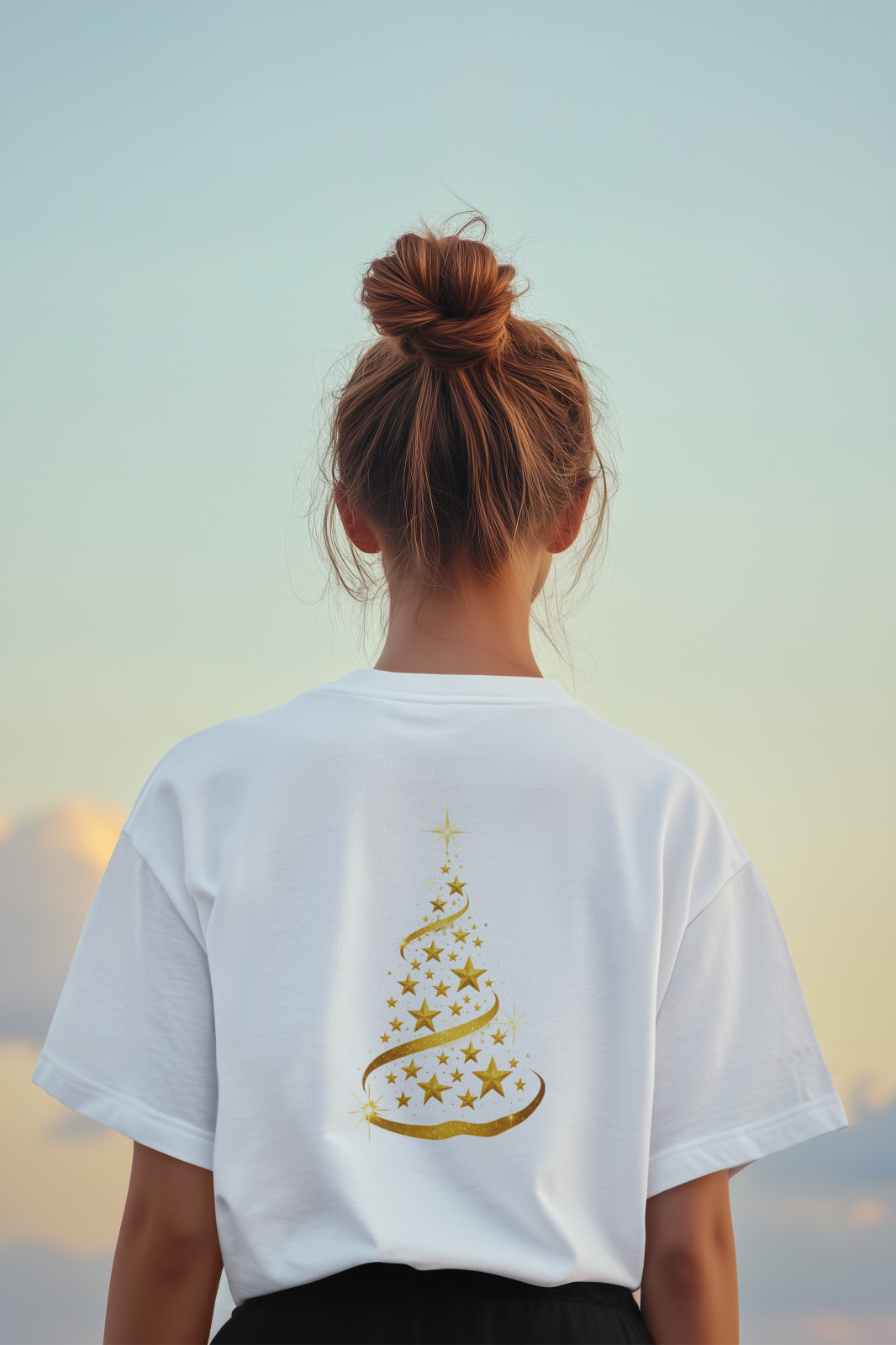 Golden Christmas Tree Graphic Tee Holiday Sparkle Star Design Unisex White Shirt gallery