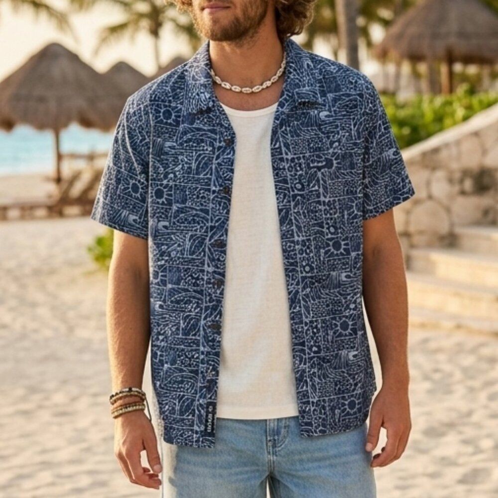 Costa XXL Men's Blue & Taupe Pattern Short Sleeve Camp Shirt gallery