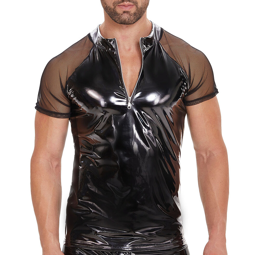 Men's Wet Look PVC Leather Round Neck T-Shirt Short Sleeve Front Zipper Clubwear gallery