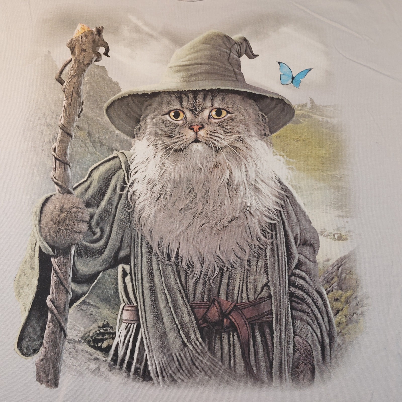 The Mountain Catdalf Wizard Cat Graphic Tee L NWOT Gandalf Parody Fantasy Gray