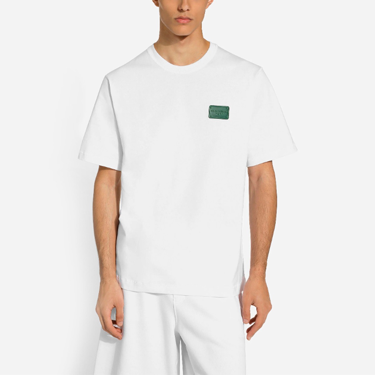 DOLCE & GABBANA Men's Branded Tag Logo Plaque Cotton Oversized T-Shirt – White gallery
