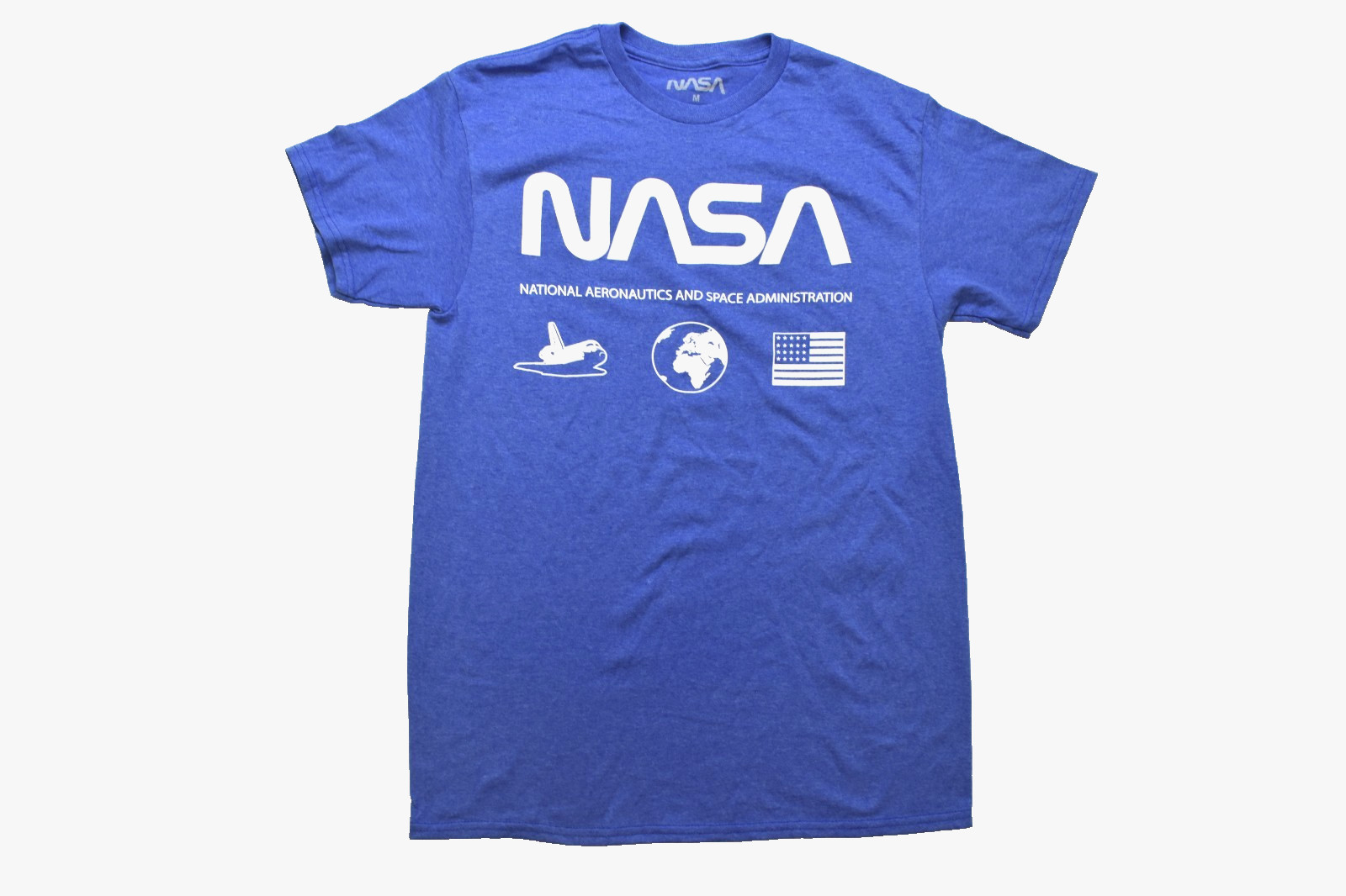 NASA Mens Space Shuttle, Earth, American Flag Icons Blue Shirt New Medium