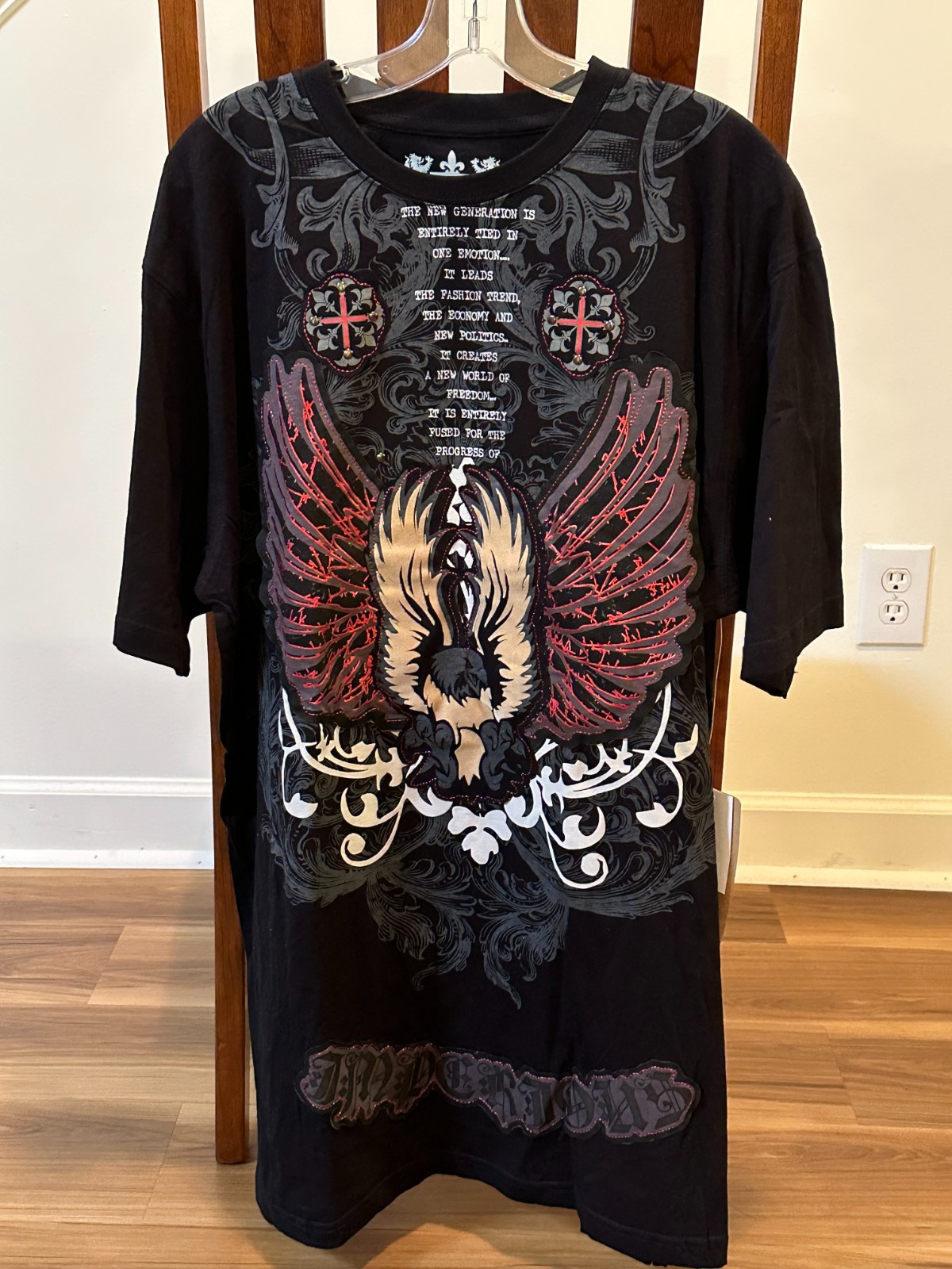 Delf Trading Inc. Imperious Mens Black Tshirt Shiny Red+Gold Design + Embroidery
