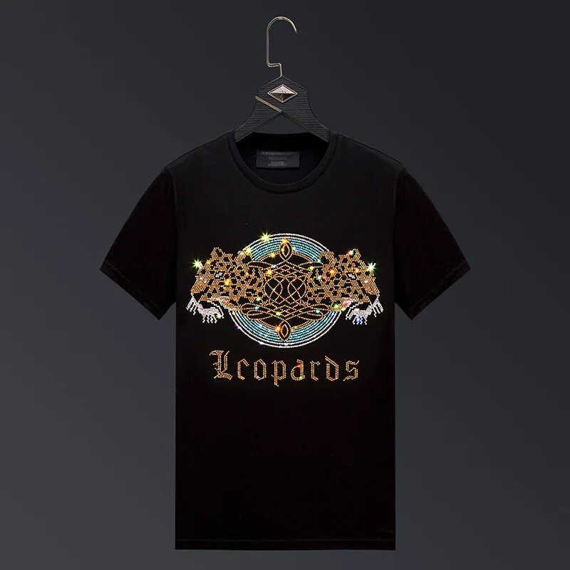 New Men Luxury Leopard Rhinestones Fashion Black White T-Shirt High Quality gallery