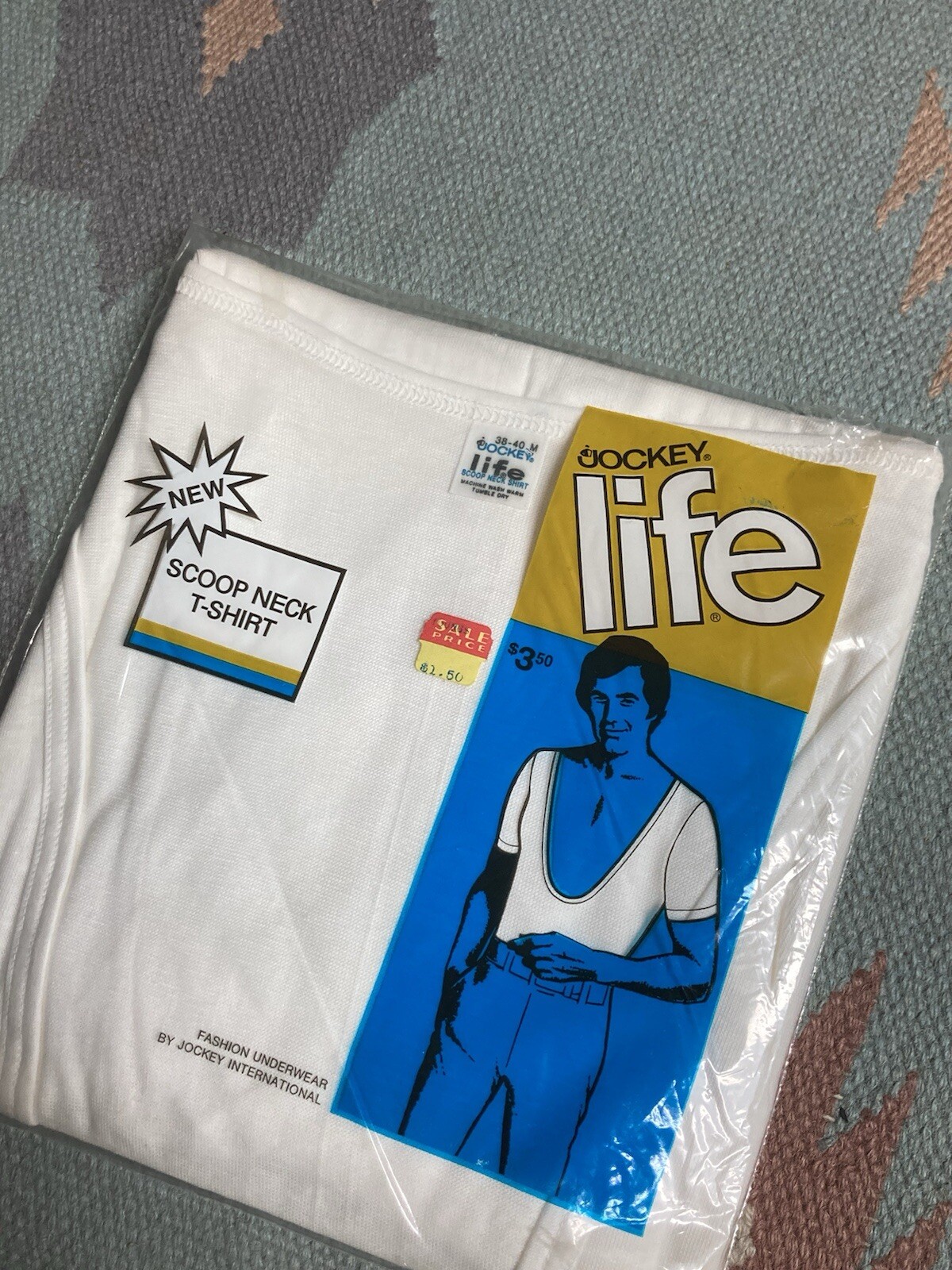 Vintage 70s jockey scoop neck t shirt blank white deadstock sealed medium gallery