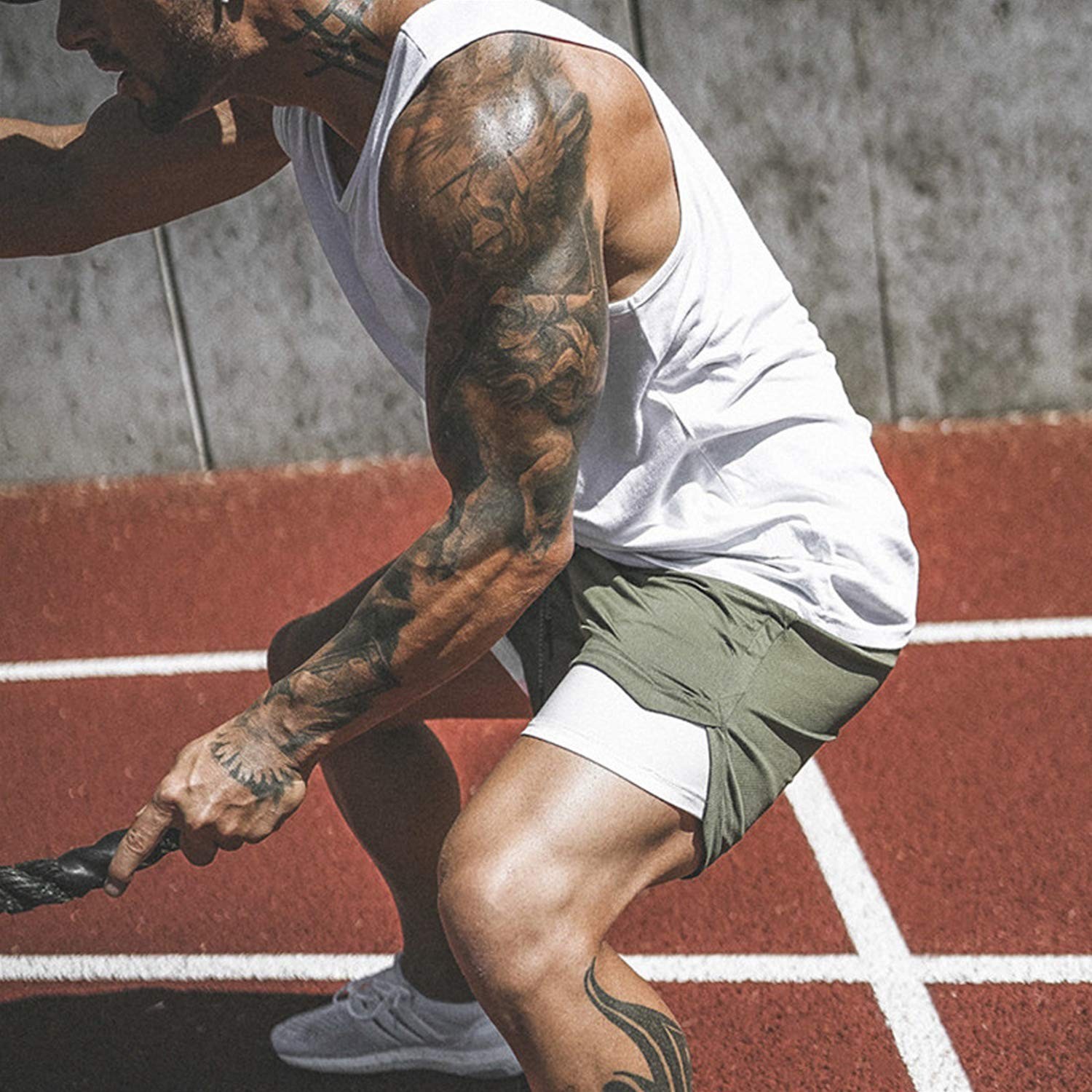 Leidowei Men's 2-in-1 Running Shorts Workout Jogger Gym Large, Green gallery
