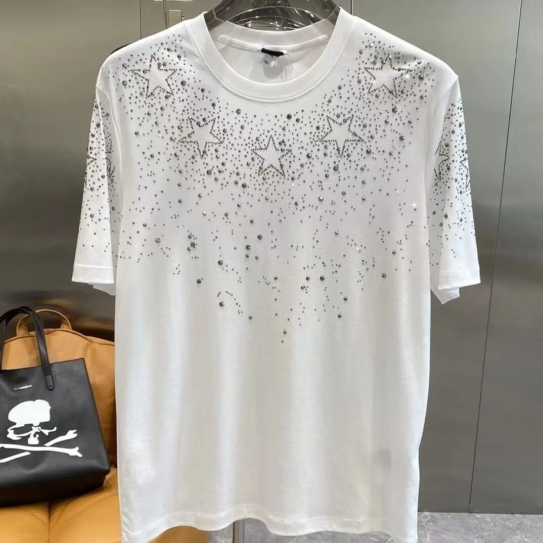 New Men Luxury Diamond Star Rhinestones Fashion Black White T-Shirt High Quality gallery