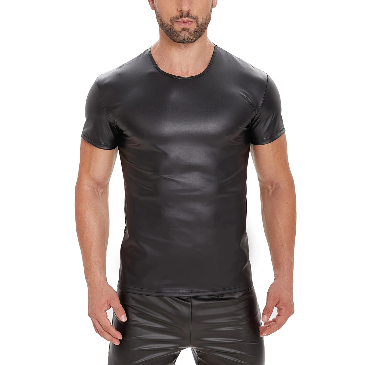 Men Soft Matte Leather T-Shirt Stretch Shiny Leather Vest Gym Crew Neck gallery