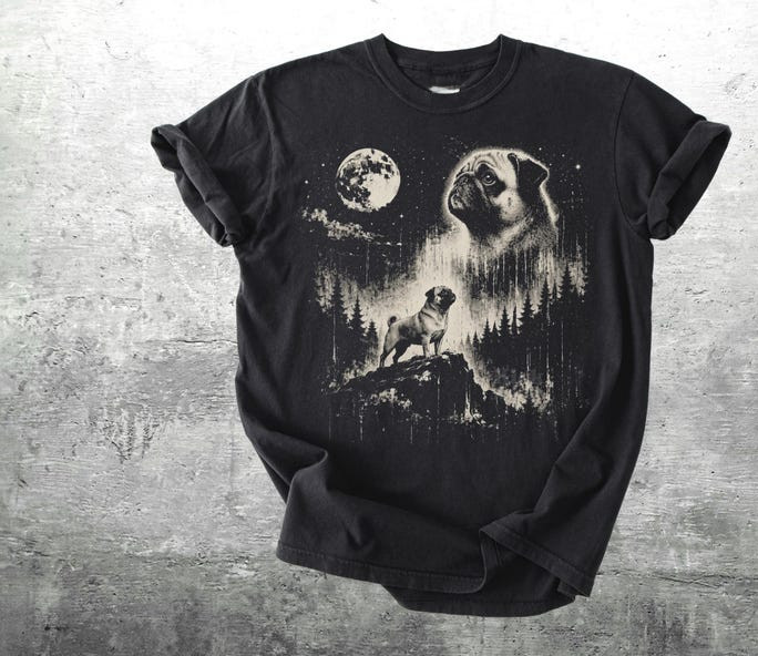 Vintage Funny Pug Moon Shirt Unisex Oversized Graphic T-Shirt gallery