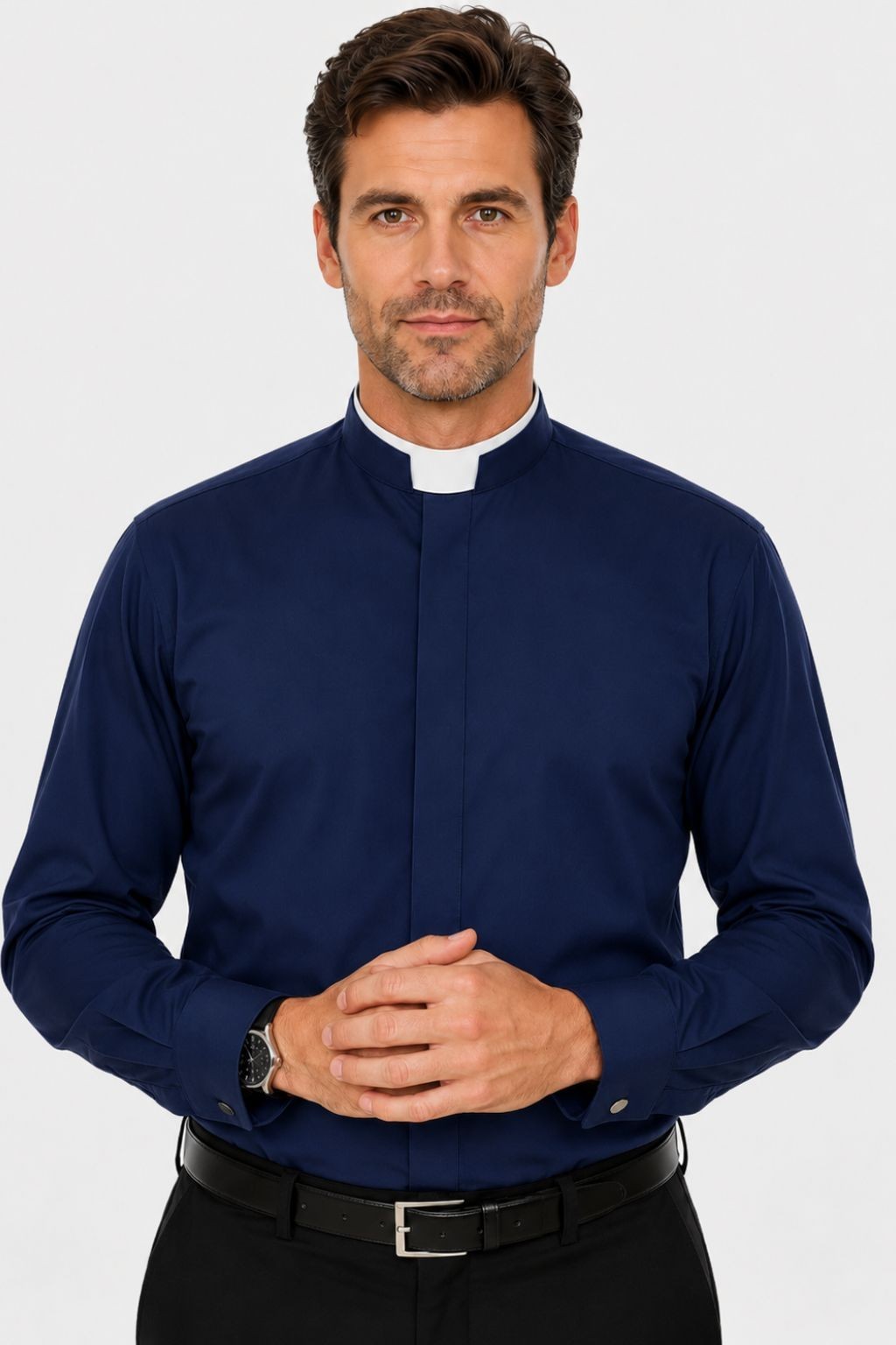 Men's Navy Clergy Shirt Roman Collar Long Sleeve Pastor Priest Church Wear gallery
