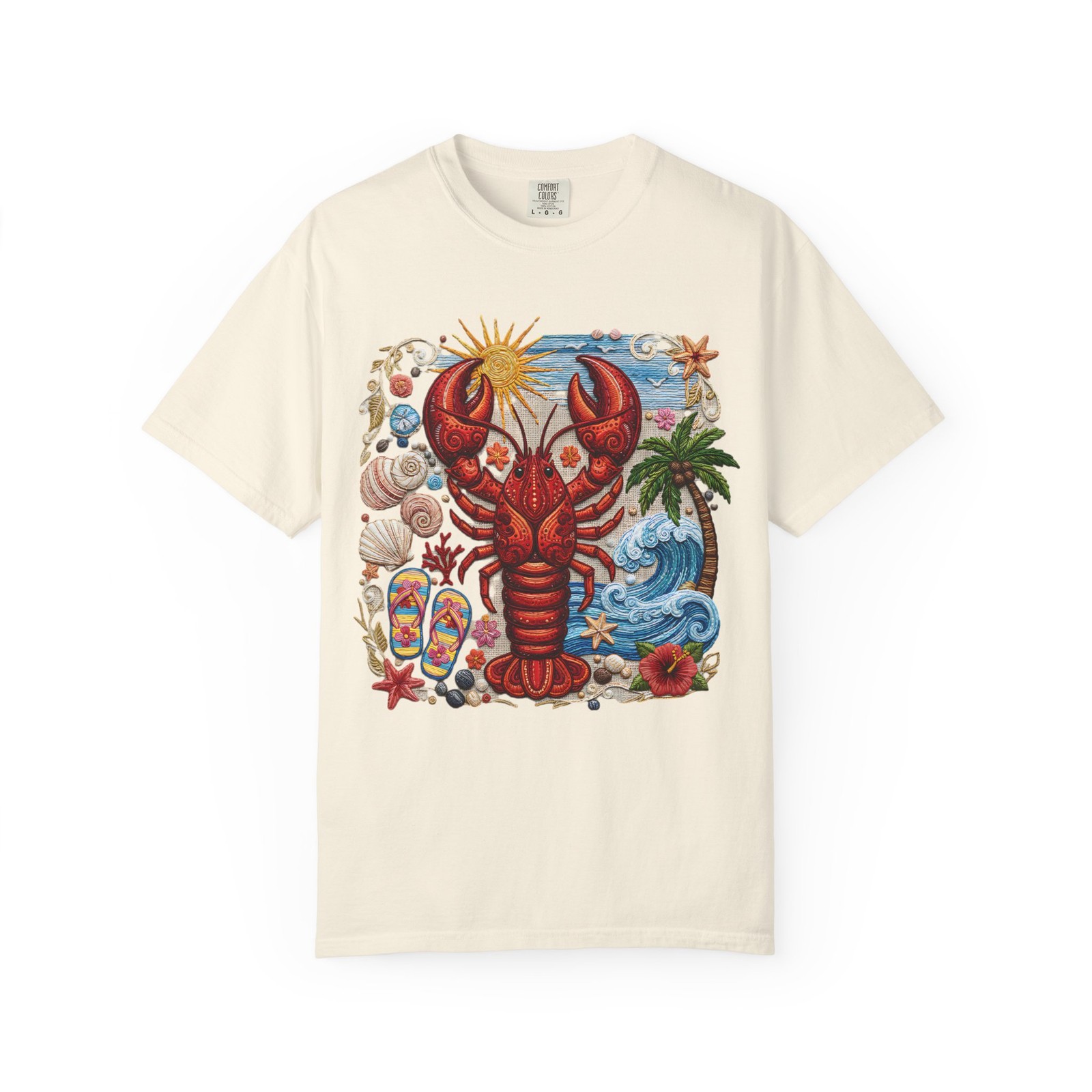 Red Lobster Beach Scene T-Shirt | Coastal Summer Shells Palm