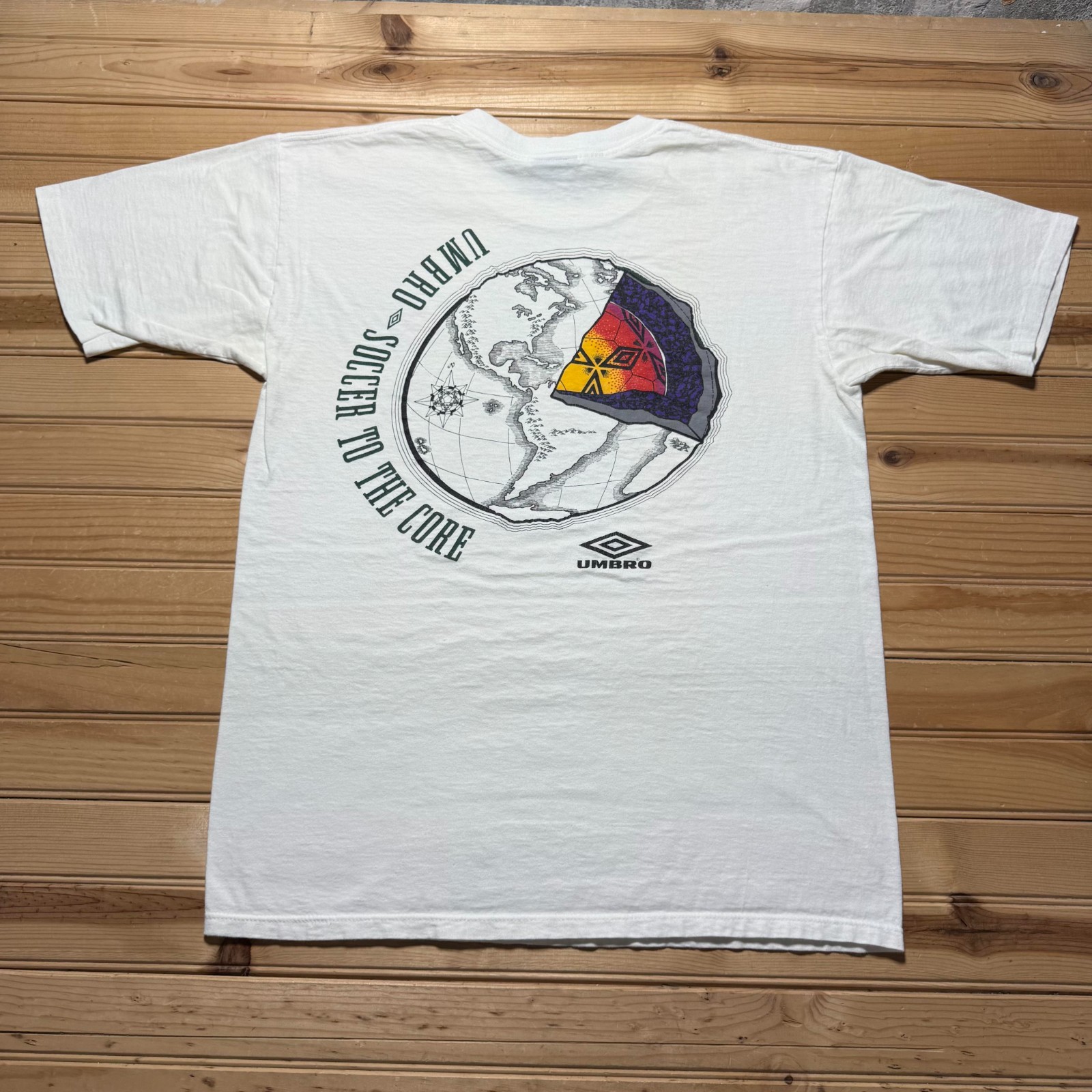 Vintage 90s Umbro Soccer To The Core Globe Sports Graphic T-Shirt USA - Large gallery