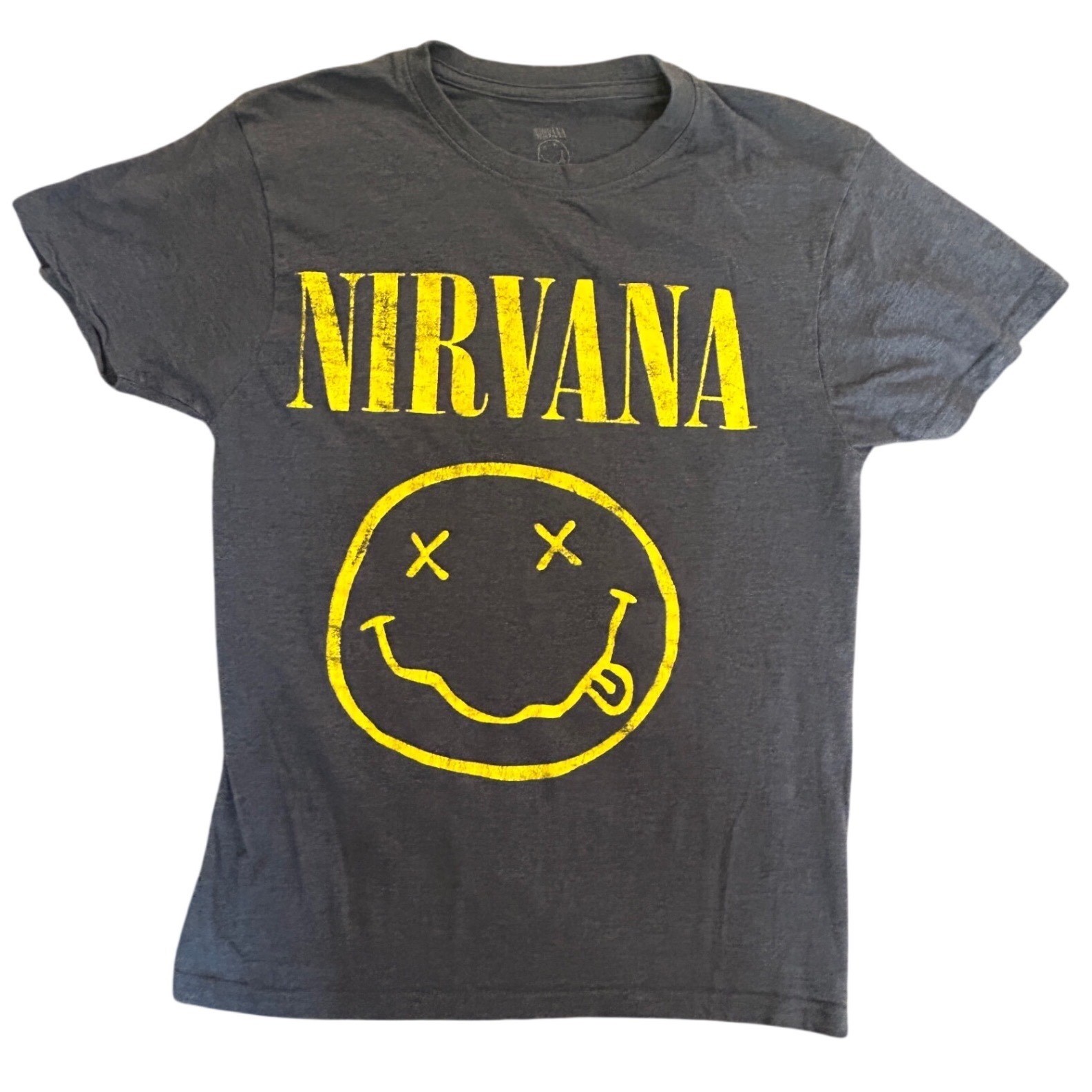 Nirvana Smiley Face Graphic T-Shirt Mens Small Blue Heather Rock Band Tee
