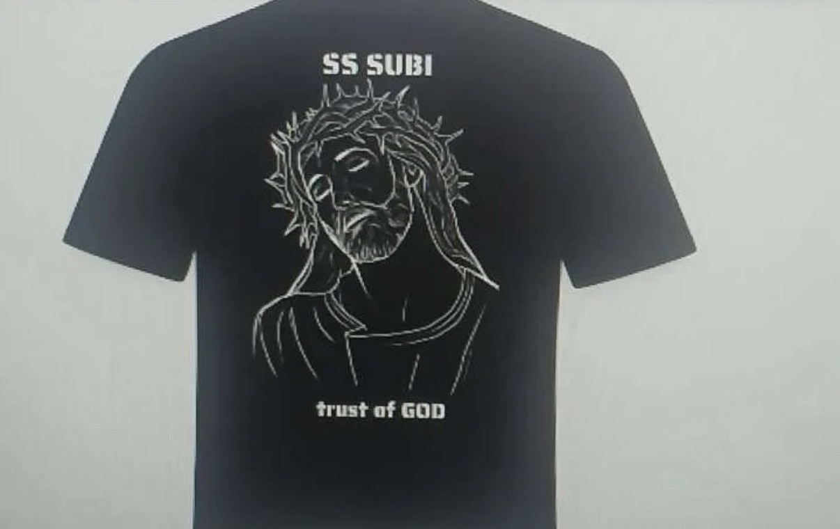 Men's Black Religious Graphic Print Crew Neck Short Sleeve T-Shirt Size L gallery