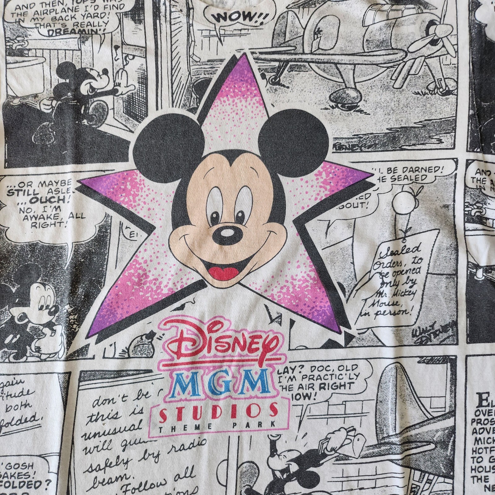 Vintage 90s Disney MGM Studios Comic Strip AOP Mickey Tshirt OSFA Single Stitch gallery