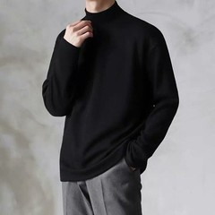 Men Long Sleeved Tee Thin T-Shirt Half Turtleneck Loose Crewneck Top