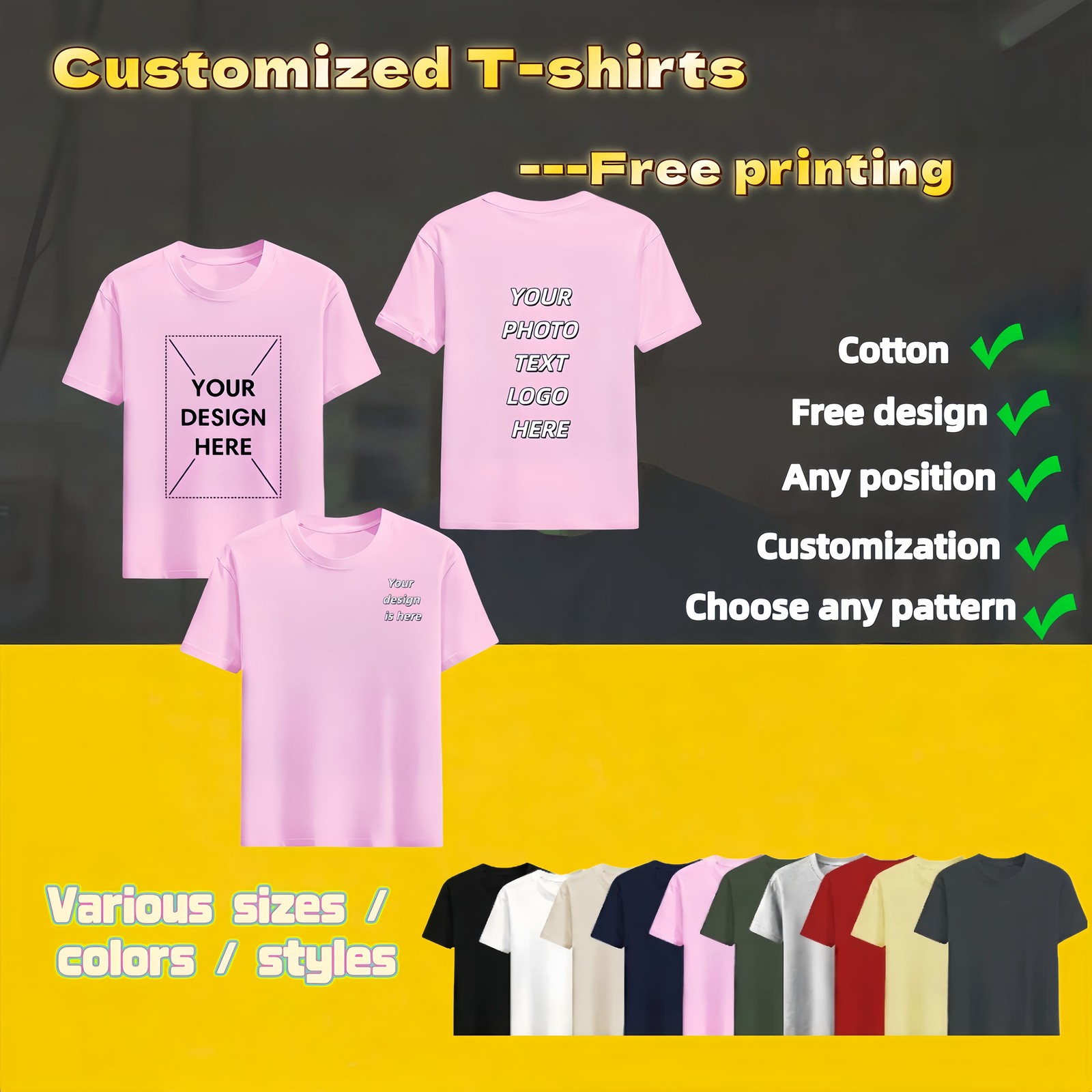 Personalized T-shirts, customizable with your text,photos or logo made of cotton gallery