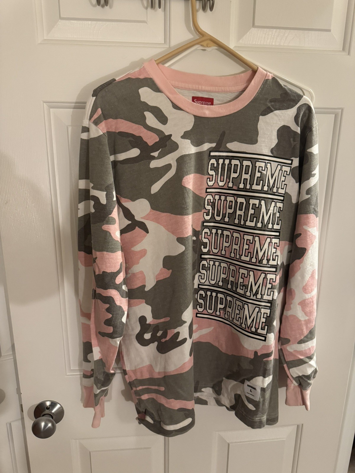 Supreme Layered Stacked Logo Long Sleeve Shirt Pink Camouflage Camo SS18 Size L