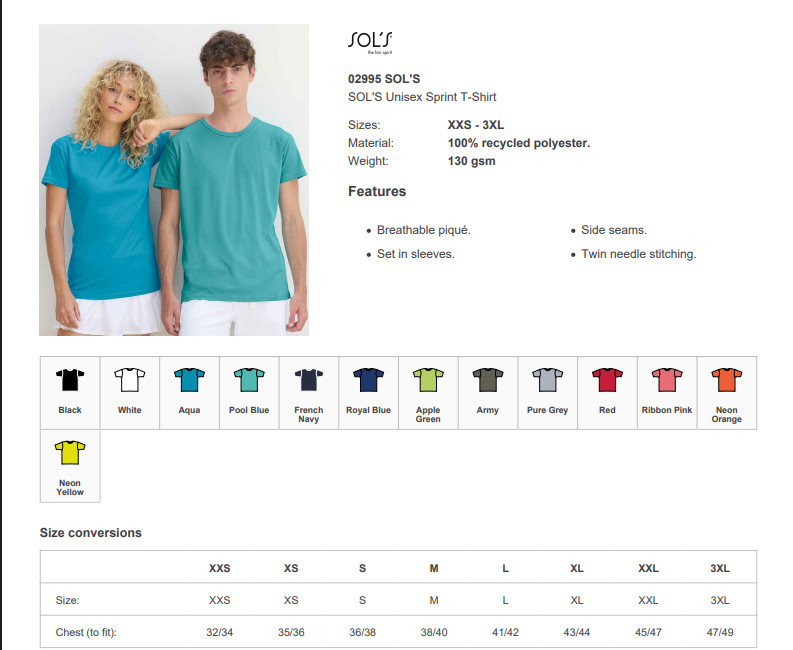 SOL'S Unisex Adults Sprint T-Shirt Crew Neck 100% Recycled Polyester Plain T Top gallery