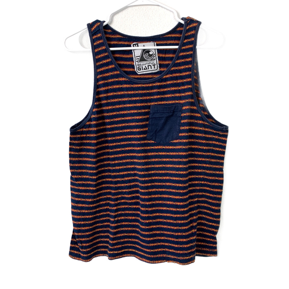 Beautiful Giant Men’s M Medium Striped Tank Top Navy Blue Orange Pocket
