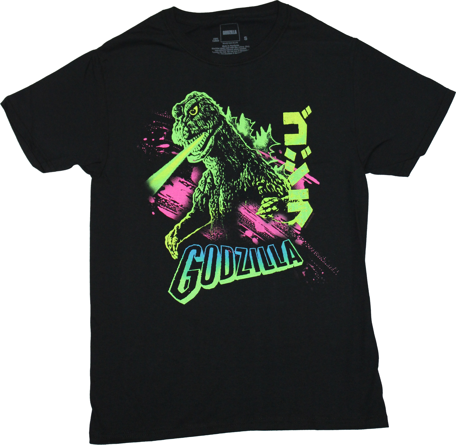 Godzilla New Adult T-Shirt - Bright Neon Over Name With Kanji gallery