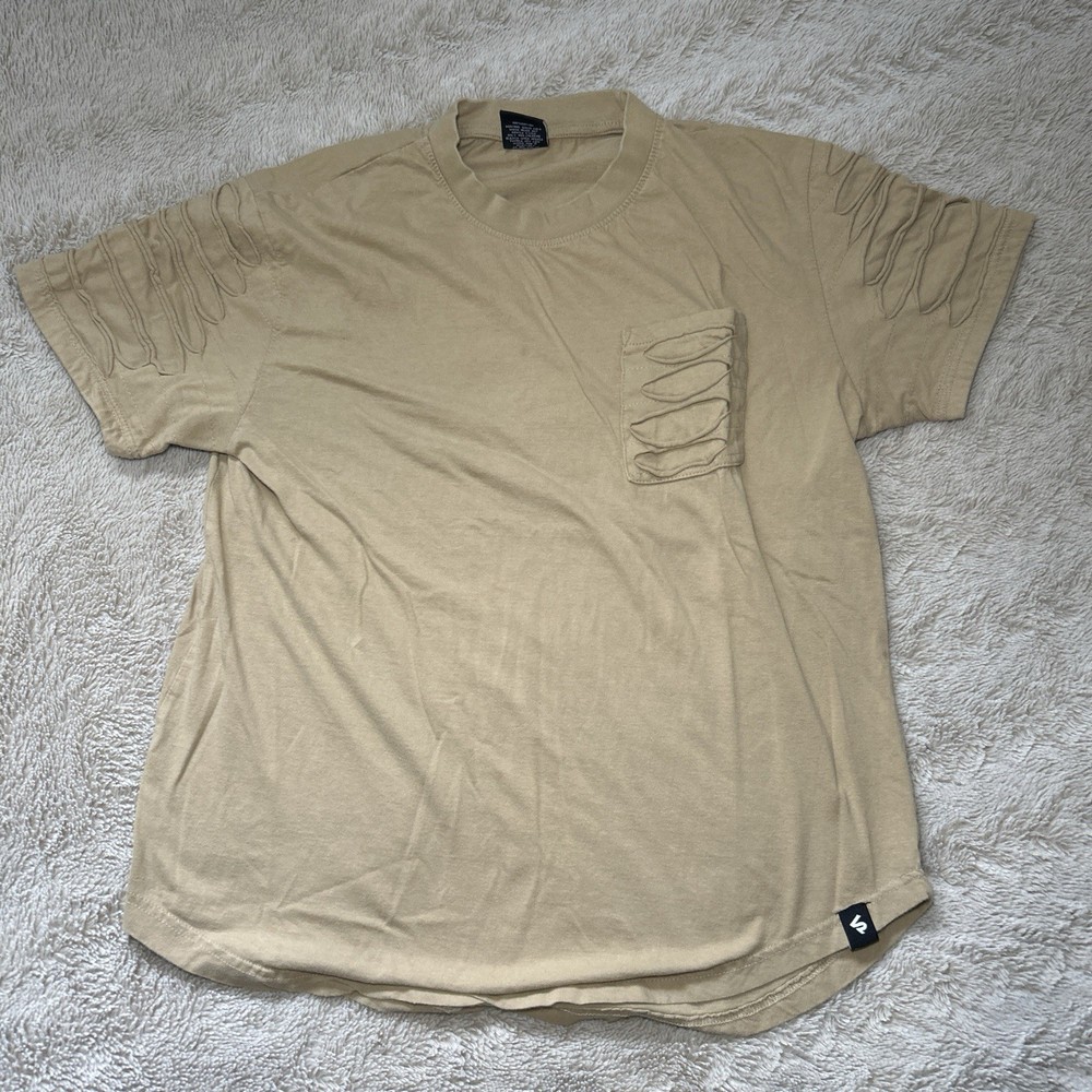 Beige T-Shirt Men’s M Slashed Cut Sleeves + Pocket