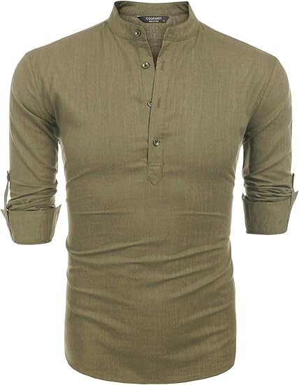 COOFANDY Men's Cotton Linen Henley T-Shirt Long Sleeve Hippie Casual Beach green gallery