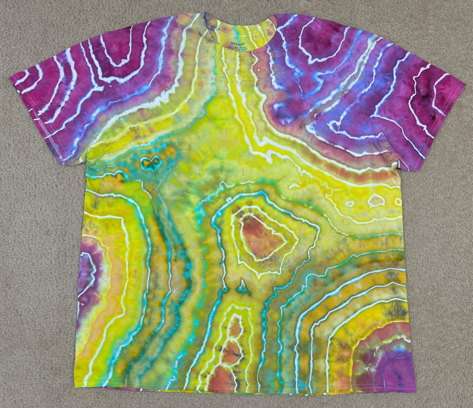 Handmade Ice Tie Dye T-Shirt 2XL Mens Womens Soft Cotton Yellow Violet Geode