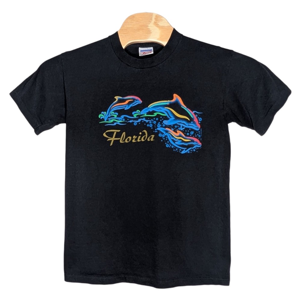 Vintage Florida Dolphins T Shirt Medium Tect Black Neon Water Single Stitch USA