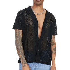 Men’s See Through Button Down Shirt Short Sleeve Sexy Undershirts Tee Tops