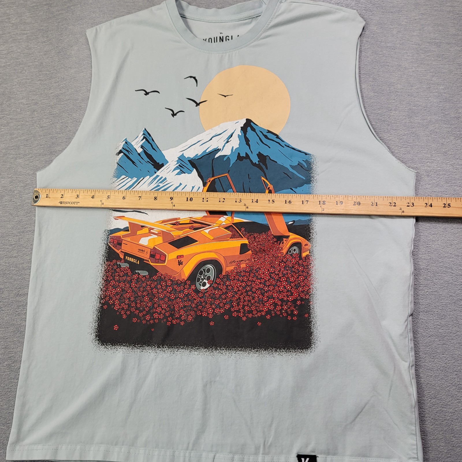 Youngla Tank Top Mens Large Blue Sports Car Mountains Sleeveless Casual Gym gallery