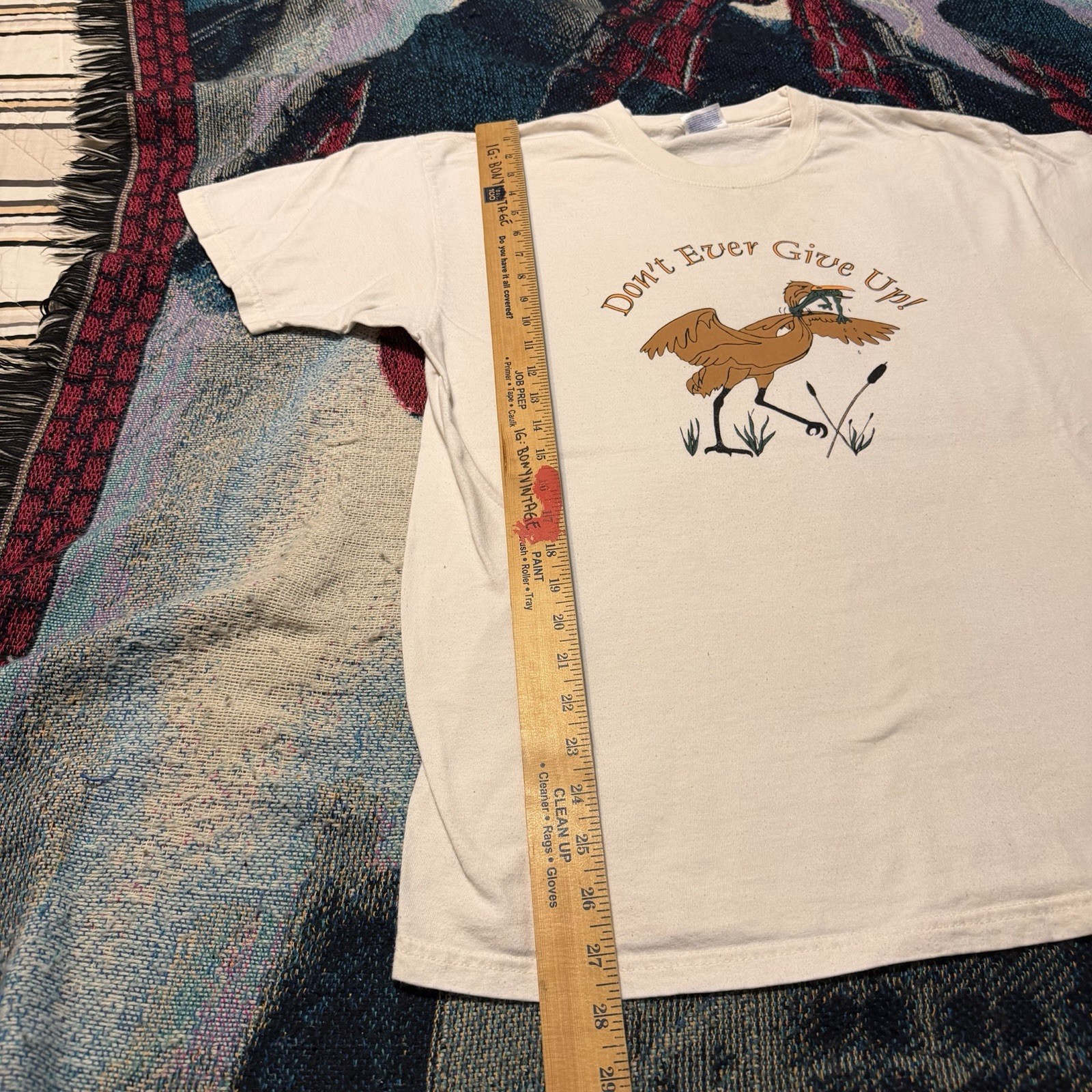 Vintage 90s Frog Stork Don't Ever Give Up Mens L Shirt Funny Nature Bird Cartoon gallery
