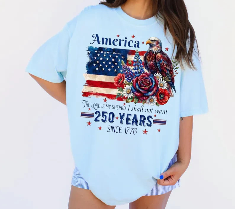 250 Years Shirt, Patriotic Eagle Floral Independence Day Tee gallery