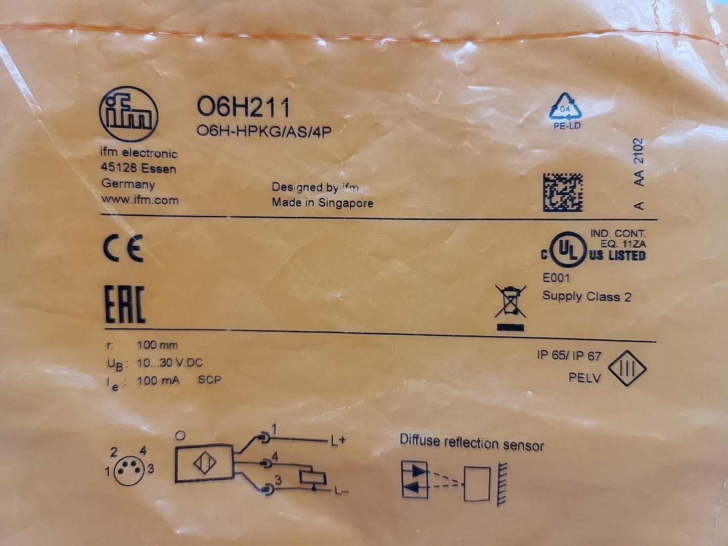 Ifm O6H211 Diffuse Reflection Sensor with Background Suppression 10-30 Vdc New